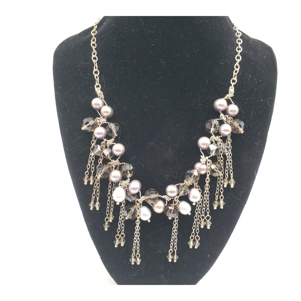 Sterling 925 Multi Color Faux Pearl & Glass Bead 20" Fringe Necklace Lucoral